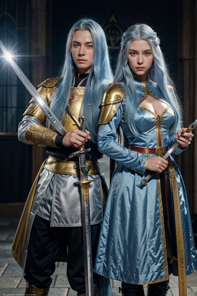 A manhwa cover in which there is a woman who has long silver hair and colored eyes like rubies while holding a sword with a man who has sky blue hair and has golden eyes while holding a sword and both of them point their swords at each other with an intense aura with a medieval European fashion theme vintage