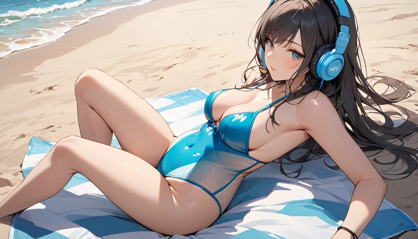((Top Quality)), ((Masterpiece)), ((Details)), perfect face, perfect body, sitting on the beach, listening to music, wearing headphones, wearing swimsuit, swimsuit transparent, tight with and breasts Woman with clothes on and face visible