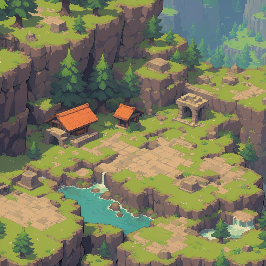 retro video game style,pixelated, vibrant pastel colors,8-bit characters,blocky shapes,sharp lines,detailed shading,classic gaming vibe,nostalgic atmosphere,classic arcade games,masterpiece:1.2,ultra-detailed,illustration style, 2d texture, stone texture, 4 k seamless mud texture, video game texture, dirt texture, tileset, game tiles, grass, 3/4th perspective trees, 3/4th perspective tileable rock texture, 3/4th perspective tileable cliff formations, tileable trees, topdown view, game texture, game art, tileable texture, very detailed cliff texture, intricate stones, top down view, 3/4th perspective