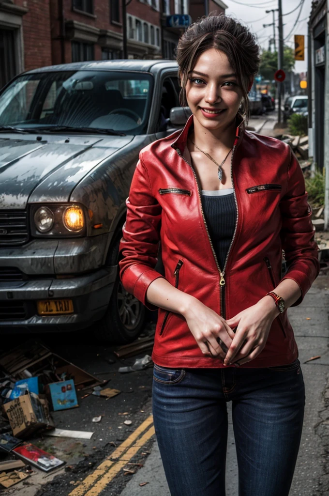 1girl, (realistic),(hyperrealism),(best quality),(masterpiece),(ultra high res),(photorealistic),idol,eye makeup,detailed eyes,detailed face,black dress, claireredfield2, brown hair, (red jacket:1.2), ponytail, (denim pants:1.3),, red wristband,, abandoned street, burning cars in background, littered street, smoke, chaos, zombie apocalypse, daytime, sunny,, hands in pocket, looking at viewer, smiling, closeup shot