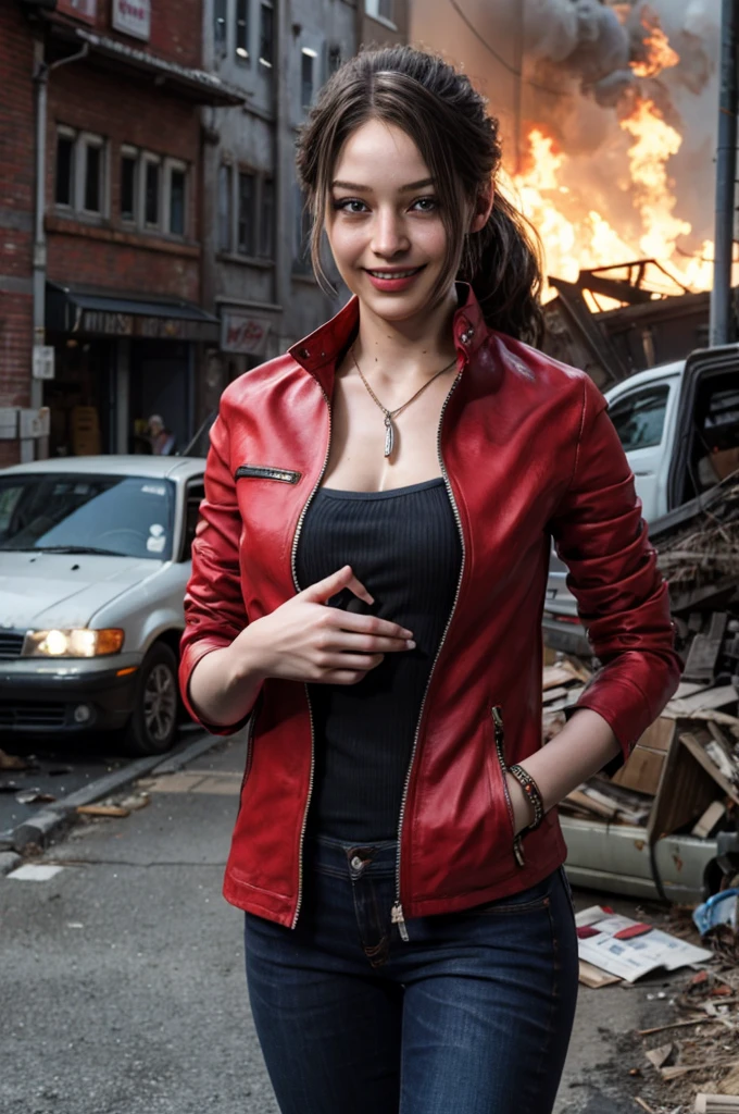 1girl, (realistic),(hyperrealism),(best quality),(masterpiece),(ultra high res),(photorealistic),idol,eye makeup,detailed eyes,detailed face,black dress, claireredfield2, brown hair, (red jacket:1.2), ponytail, (denim pants:1.3),,  red wristband,,  abandoned street, burning cars in background, littered street, smoke, chaos, zombie apocalypse, daytime, sunny,,  hands in pocket, looking at viewer, smiling, closeup shot