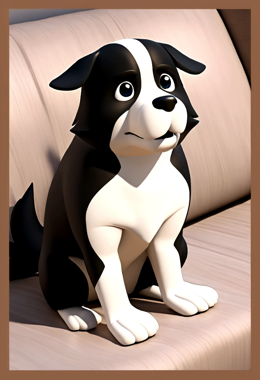 dog without defined breed, semblable au border collie mais plus petit, white and partially brown face, sitting on the sofa, avec le nom Tails in anger dans le style 3D de Disney Pixar.