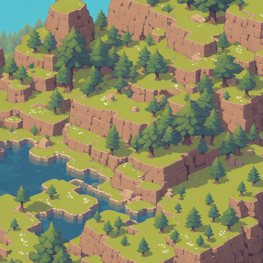 retro video game style,pixelated, vibrant pastel colors,8-bit characters,blocky shapes,sharp lines,detailed shading,classic gaming vibe,nostalgic atmosphere,classic arcade games,masterpiece:1.2,ultra-detailed,illustration style, 2d texture, stone texture, 4 k seamless mud texture, video game texture, dirt texture, tileset, game tiles, grass, 3/4th perspective trees, 3/4th perspective tileable rock texture, 3/4th perspective tileable cliff formations, tileable trees, topdown view, game texture, game art, tileable texture, very detailed cliff texture, intricate stones, top down view, 3/4th perspective