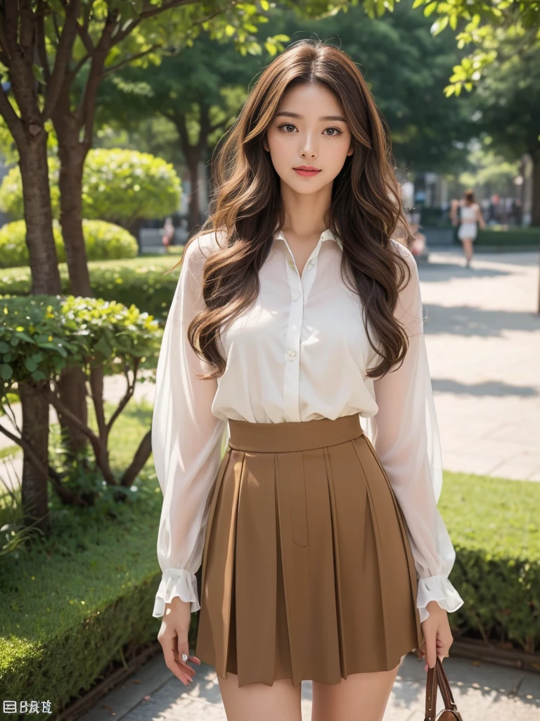 highest quality、4K、Beautiful lady、Perfect Face、Perfect Style、Model、perfect body、Sunburn、beautiful lady、mature、long curly layer brown hair、Swept-back hair、full body, sexly 、charming、healthy、She is at art museum、She wear a skirt and blouse.