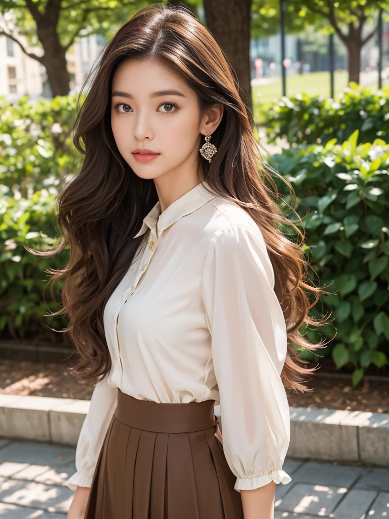 highest quality、4K、Beautiful lady、Perfect Face、Perfect Style、Model、perfect body、Sunburn、beautiful lady、mature、long curly layer brown hair、Swept-back hair、full body, sexly 、charming、healthy、She is at art museum、She wear a skirt and blouse.
