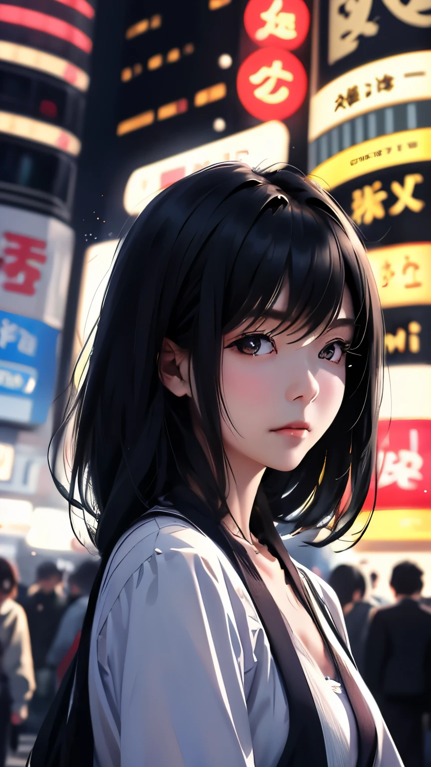 Shibuya Scramble Crossing、Beautiful lighting、Dynamic Angles、Photo portrait、sharp、Black Hair、Shortcutasterpiece、Highest quality、22 years old、Sukajan、Upper Body、Moderate bust、Asian、woman