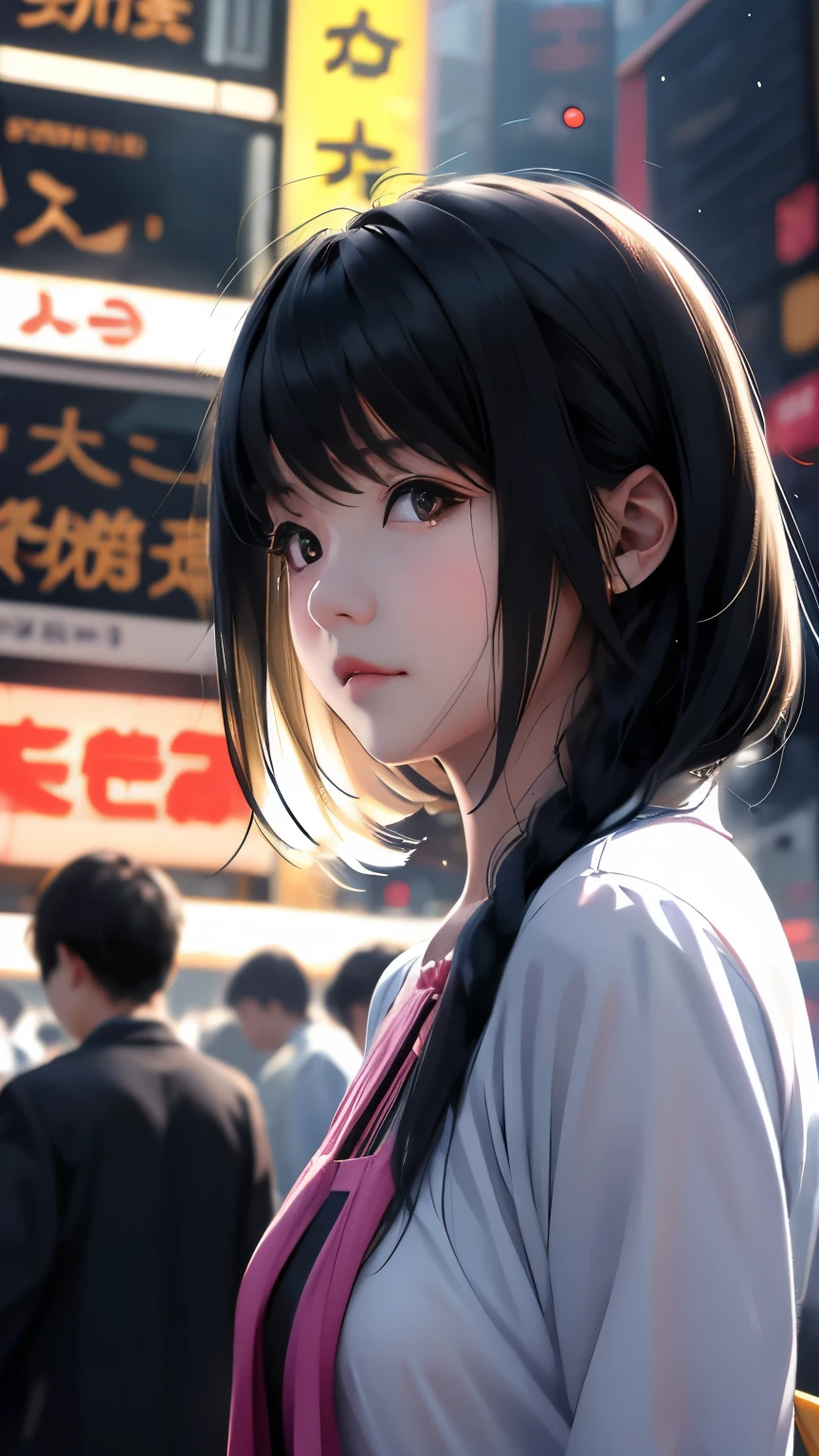 Shibuya Scramble Crossing、Beautiful lighting、Dynamic Angles、Photo portrait、sharp、Black Hair、Shortcutasterpiece、Highest quality、22 years old、Sukajan、Upper Body、Moderate bust、Asian、woman