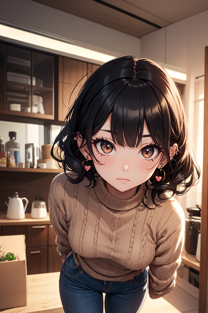 young woman with black hair,brown sweater, round face, brown eyes, medium length hair, 4 ear peircings, wavy hair, round eyes, heavy mascara and eyeliner, heart earings, bangs, very cute, blue jeans, standing up in apartment, short