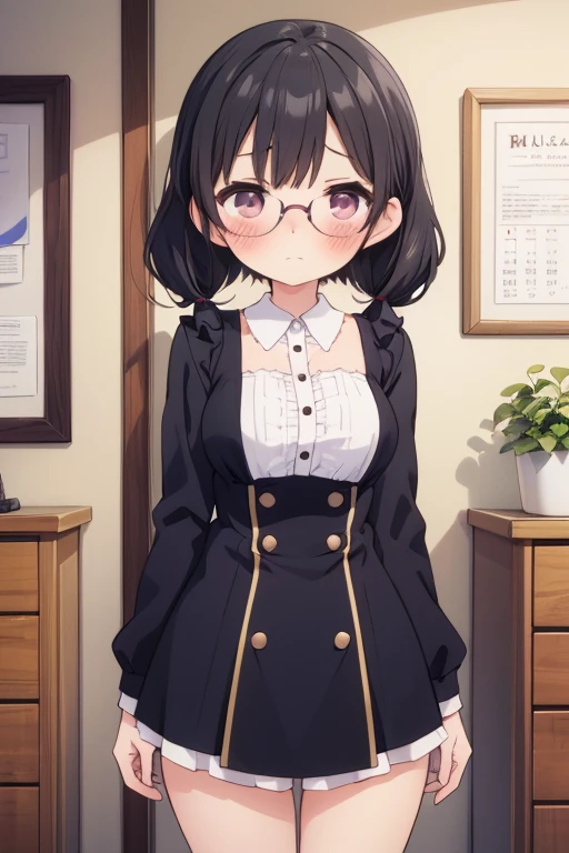Cute naughty peasant girl, Pastel colors hair, medium breasts, Thighs, black hair, short hair, (low twintails), glasses, standard height, (anxious face:1,2、blush:1.2, quiet personality:1.2, shy), (naked), at the adventurer's guild, A bulletin board with posted paper