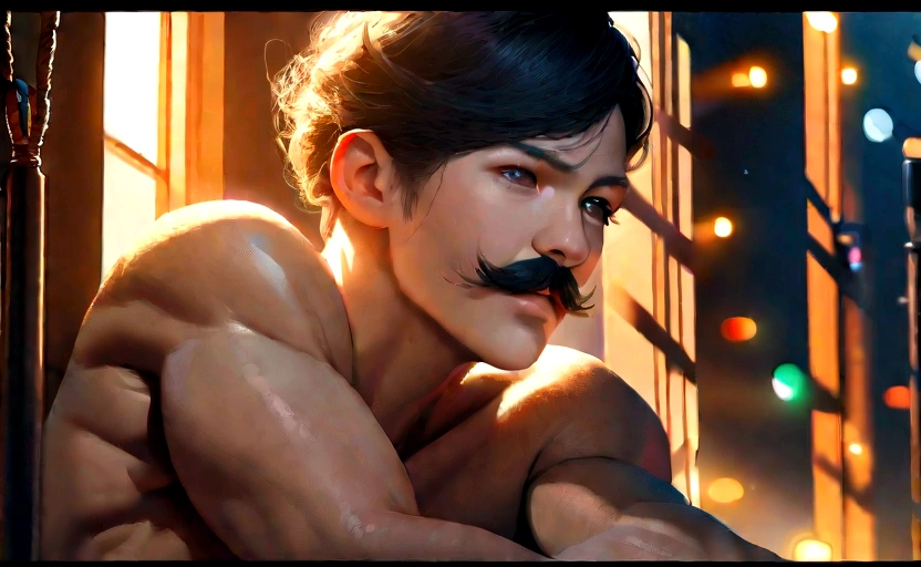 (best quality,4k,8k,highres,masterpiece:1.2),ultra-detailed,realistic, HDR,UHD, extreme detail description, professional, vivid colors, bokeh, portraits, dark, warm color tone, dramatic lighting, shirtless 18 year old boy, Muscles,Moustache, ropes, Crucified to wall, Both arms tied up