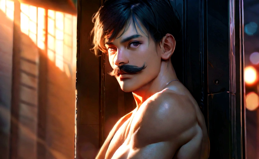 (best quality,4k,8k,highres,masterpiece:1.2),ultra-detailed,realistic, HDR,UHD, extreme detail description, professional, vivid colors, bokeh, portraits, dark, warm color tone, dramatic lighting, shirtless 18 year old boy, Muscles,Moustache, ropes, Crucified to wall, Both arms tied up