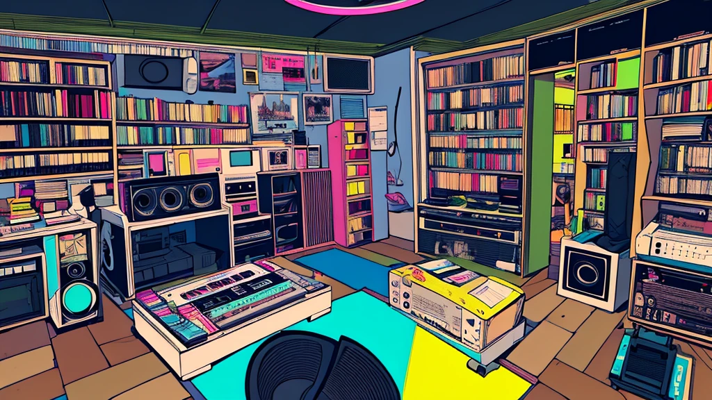 Best quality, (masterpiece), best detail face,1 girl, big breasts, 18 yo, 8k,absurdres,unity 8k wall paper,(extremely detailed:1.3), highest realistic, (retro headphones:), (soft neon light:), (psychedelic), Her room full of music equipment and records, sports wear , See the whole room, She is at the end of the room, dark yellow color palette