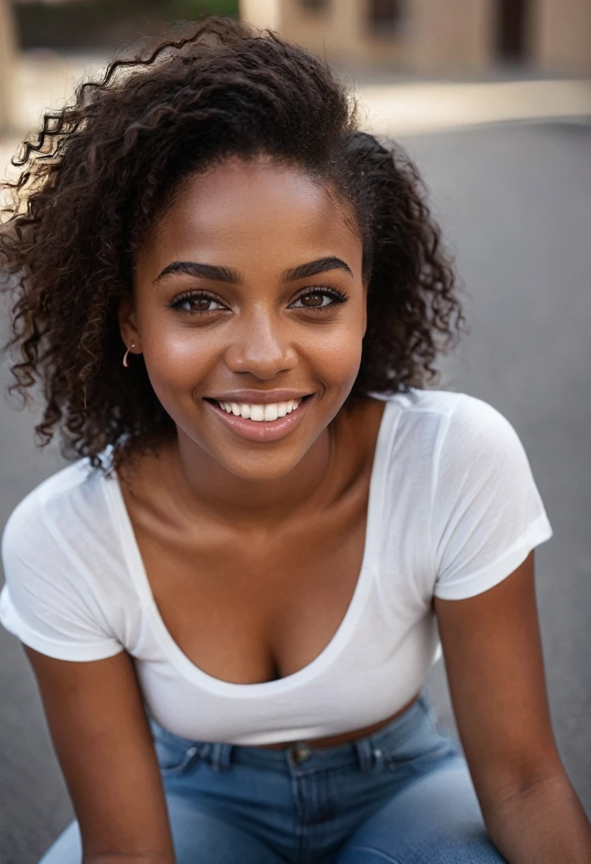 core_9, score_8_up, score_7_up, score_6_up, beautiful black woman, cute face, shy,laughing out loud,extreme ultra detailed perfect eyes,dark and deep hazel eyes, teeth, 20yo, nose blush, big breast, eyes contact,Wearing tight casual short sleeves and jeans paint,outdoor,in urban setting,(head tilted),RAW photo,realistic,volumetric lighting, depth of field,cinematic,full body,full-body shot, 