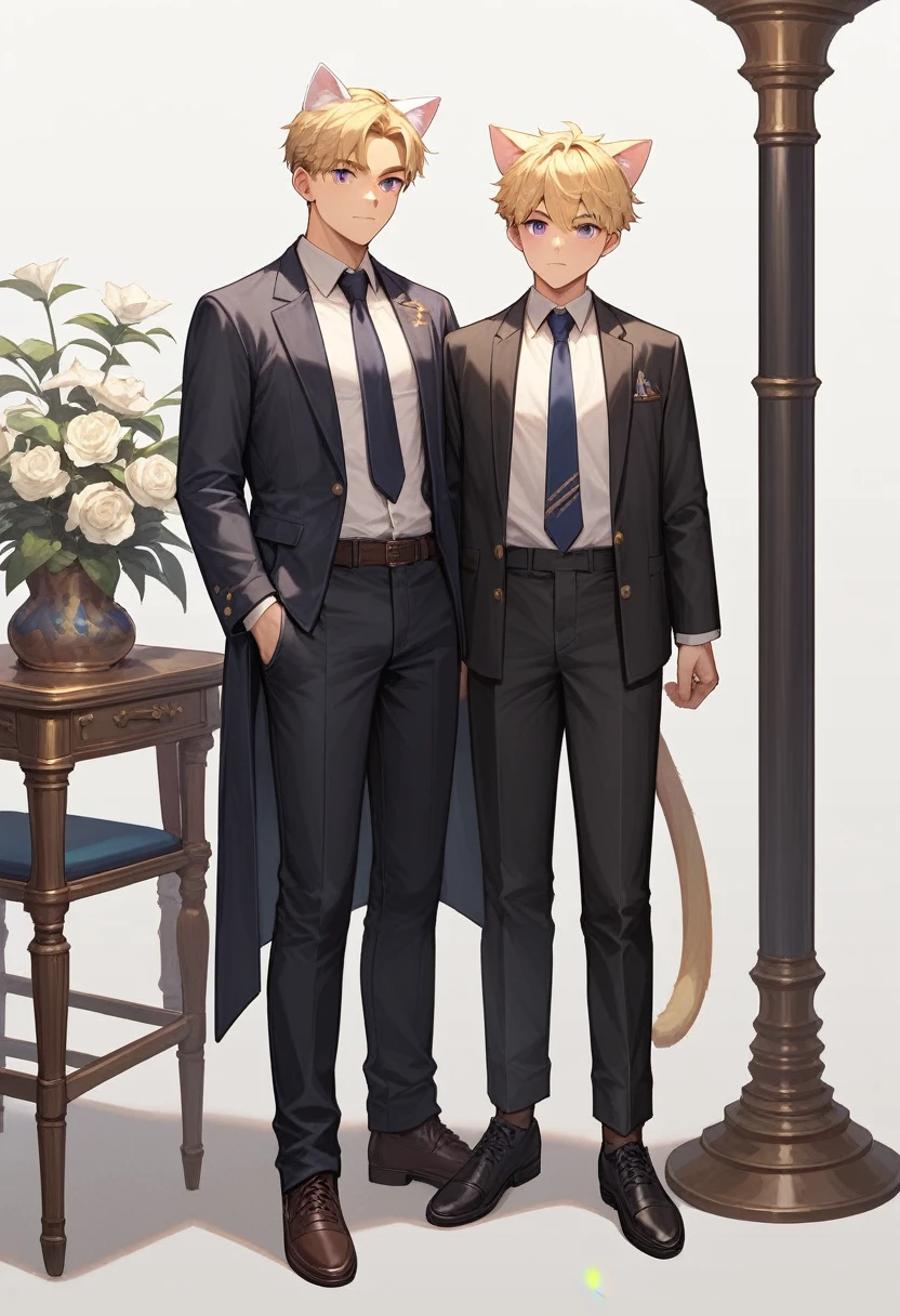 ((Best quality, masterpiece)), 
1 guy, blonde short hair, purple eyes, Neko, Cat's white ears, black jacket, black pants, black men's shoes, dark blue tie, White background, standing straight