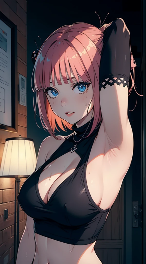 dynamically possessed, ultra detail, large breast,Looking at Viewer, top-quality, master part,face detail, plein-air, top-quality, sorrido, Jewellery, chic, blush, natta:1.5, turtleneck crop top, へそ, six pack, Body goals:1.5, hair ornament, Tokyo City:1.5, 1female,(very detailed CG unit 8k wallpaper),best qualityer,Cinematic lighting,detailed backgrounds,beautiful detailed eyes,bright pupil,red lip(Very thin and beautiful),(Beautiful and detailed eye description),ultra - detailed,master part,), Cleavage Exposed, black pantyhouse, bare one shoulder, exposed armpit, sweating, a hand behind the head