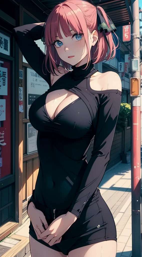 dynamically possessed, ultra detail, large breast,Looking at Viewer, top-quality, master part,face detail, plein-air, top-quality, sorrido, Jewellery, chic, blush, natta:1.5, turtleneck crop top, へそ, six pack, Body goals:1.5, hair ornament, Tokyo City:1.5, 1female,(very detailed CG unit 8k wallpaper),best qualityer,Cinematic lighting,detailed backgrounds,beautiful detailed eyes,bright pupil,red lip(Very thin and beautiful),(Beautiful and detailed eye description),ultra - detailed,master part,), Cleavage Exposed, black pantyhouse, bare one shoulder, exposed armpit, sweating, a hand behind the head