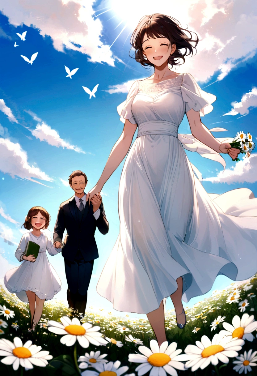 family, Mother, dad and holding hands, running through a chamomile field, smiling, dad has a book in his hand, mom has a bouquet of daisies in her hand, the sun is shining, blue sky, White clouds, Butterflies fly