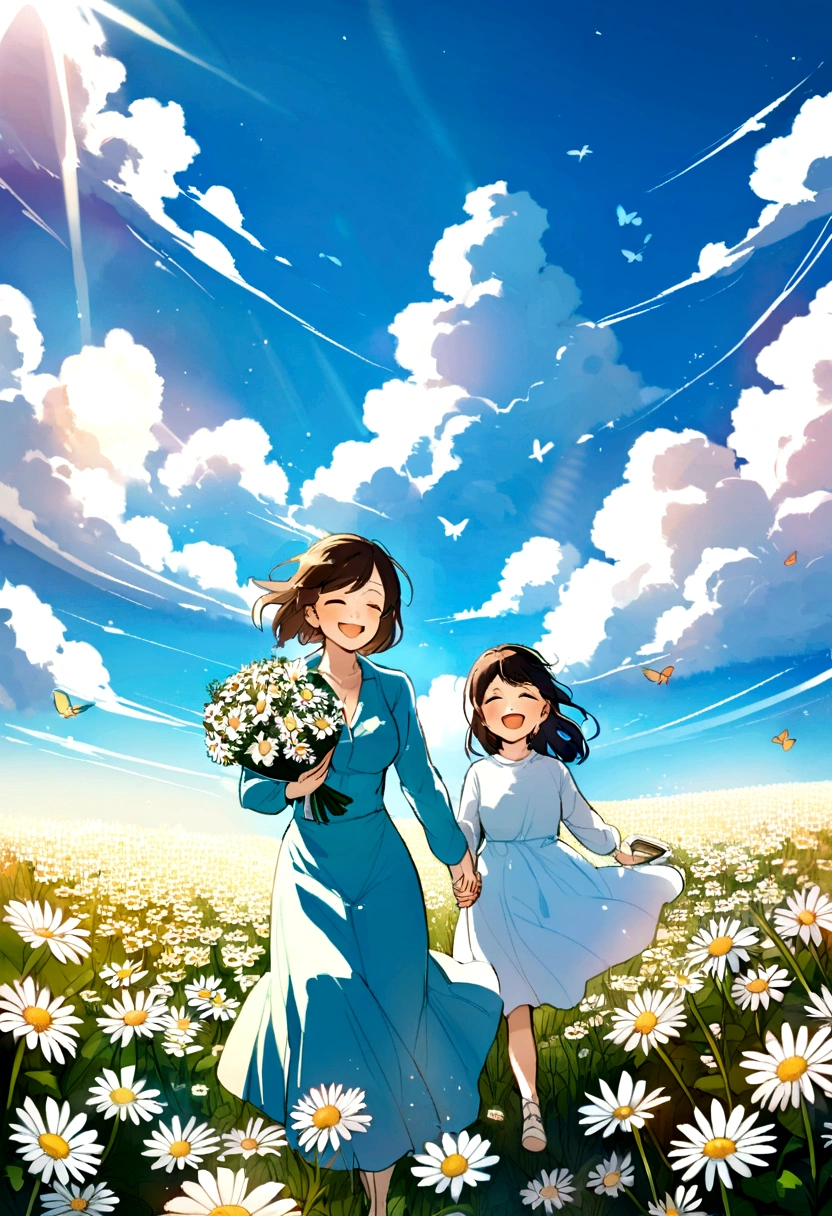 family, Mother, dad and holding hands, running through a chamomile field, smiling, dad has a book in his hand, mom has a bouquet of daisies in her hand, the sun is shining, blue sky, White clouds, Butterflies fly