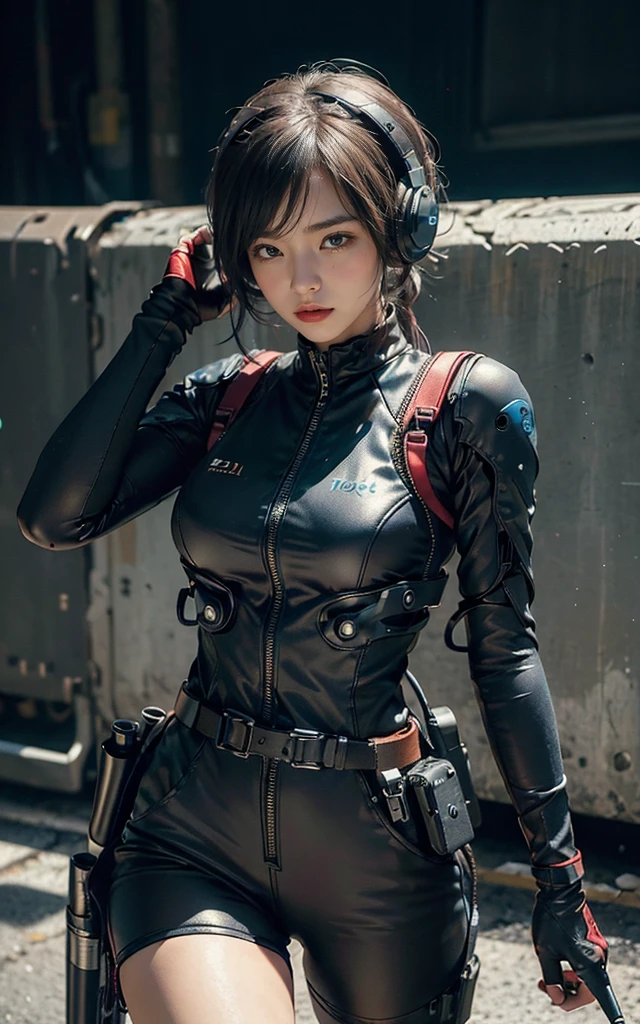 ((best quality, 8K, masterpiece: 1.3)), ((best quality)), Reality, Photorealism, Reality, high resolution, 1girl 用突击步gun瞄准, Fighting Stance, Looking at the camera, (Delicate face), short hair, (Wearing a red rubber suit, Tactical Vest, Military wiring harness, Black gloves, High-tech headphones), The color of the clothes is based on black and dark blue), Show your thighs,(full-body shot), gun, Finger is blocked, concrete wall background,