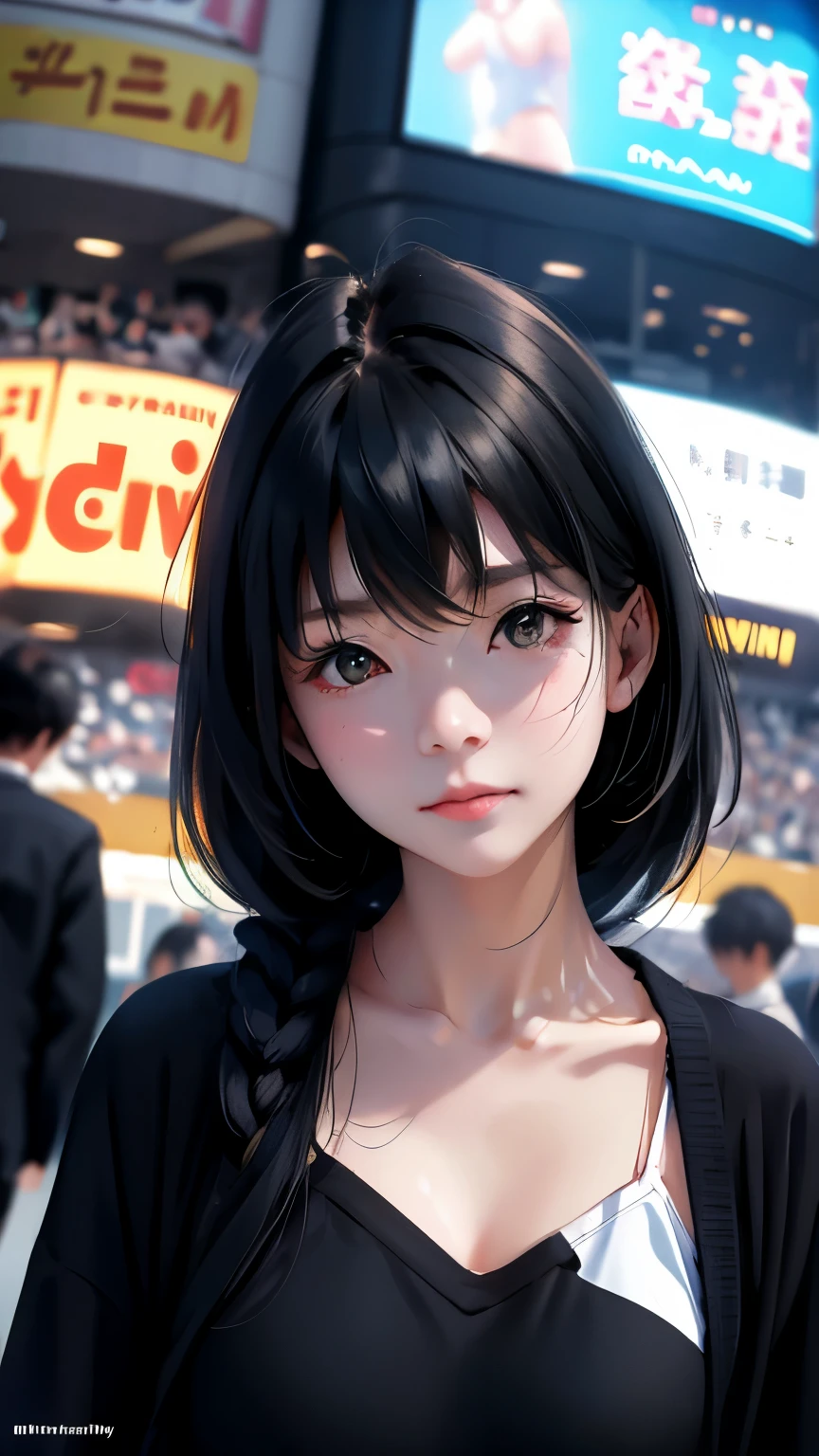 Shibuya Scramble Crossing、Beautiful lighting、Dynamic Angles、Photo portrait、sharp、Black Hair、Shortcutasterpiece、Highest quality、22 years old、Stadium jumper、Upper Body、Moderate bust、Asian、woman