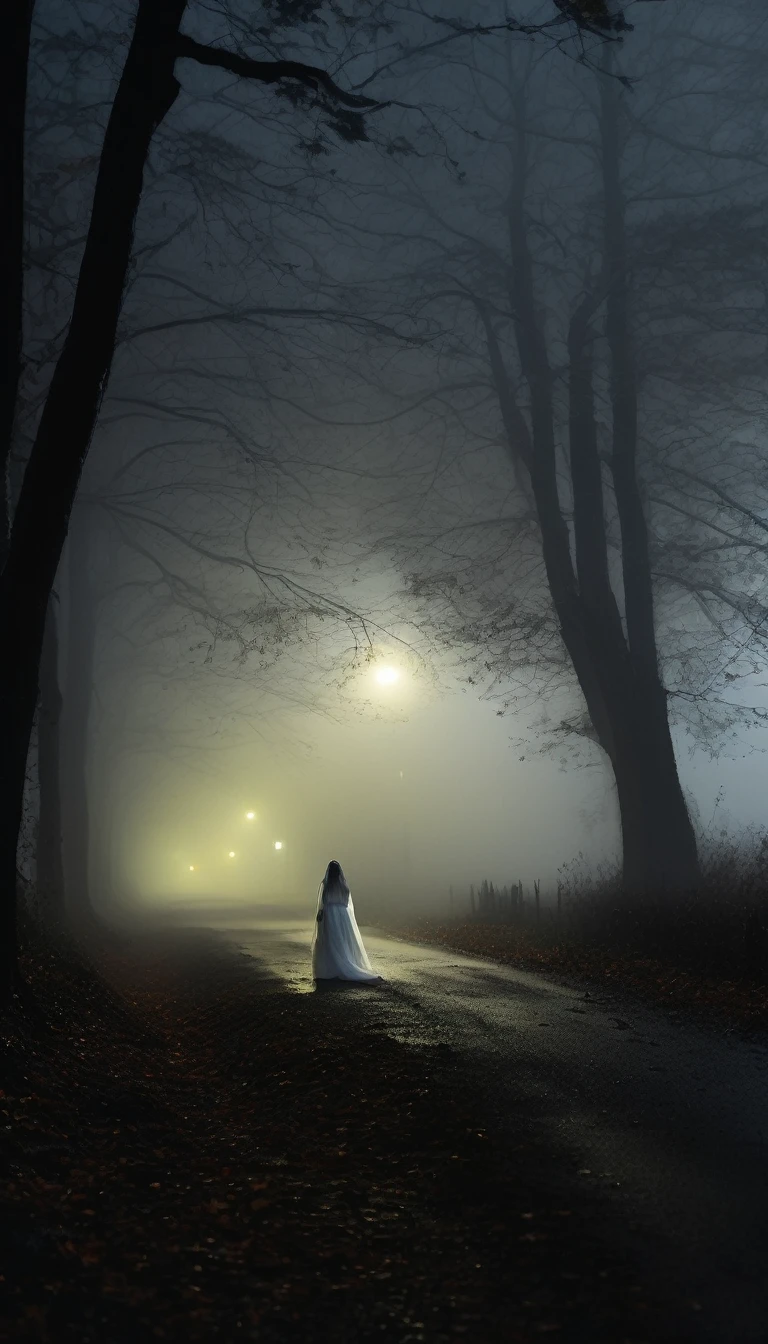 Inside a car stopped on a dark, foggy forest road at night. The driver, a man, looks terrified as he peers out the window at the woman in white approaching the car. Her figure is ghostly, with a flowing white dress and hair obscuring her face. The surroundings are shadowy, with tall, twisted trees and dense fog. Cinematic, high contrast, extremely spooky.