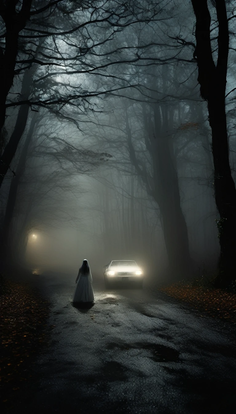 Inside a car stopped on a dark, foggy forest road at night. The driver, a man, looks terrified as he peers out the window at the woman in white approaching the car. Her figure is ghostly, with a flowing white dress and hair obscuring her face. The surroundings are shadowy, with tall, twisted trees and dense fog. Cinematic, high contrast, extremely spooky.