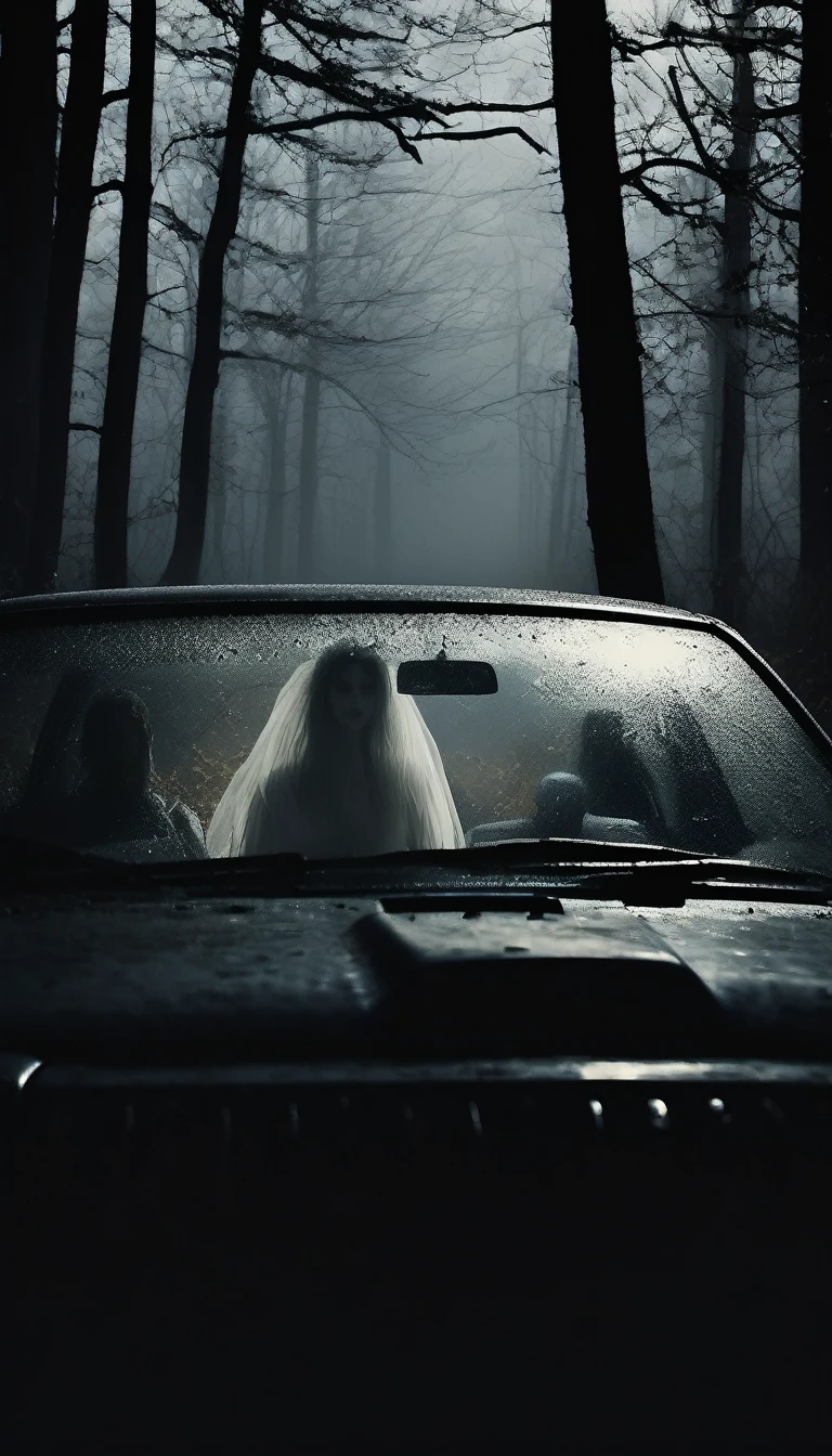 Inside a car stopped on a dark, foggy forest road at night. The driver, a man, looks terrified as he peers out the window at the woman in white approaching the car. Her figure is ghostly, with a flowing white dress and hair obscuring her face. The surroundings are shadowy, with tall, twisted trees and dense fog. Cinematic, high contrast, extremely spooky.