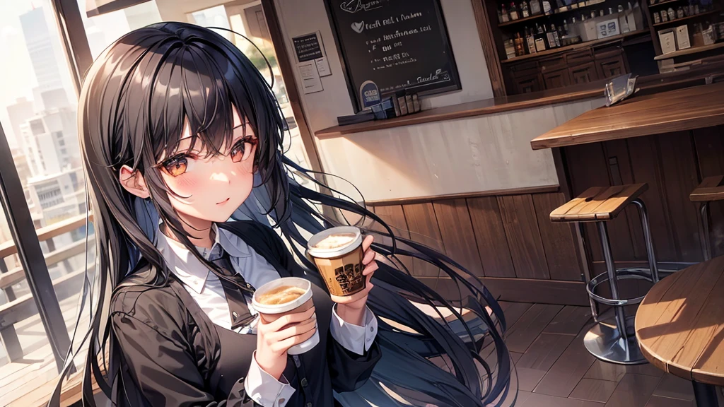 One Girl , Black Hair , Long Hair , Brown eyes , Cafe , Holding a cup