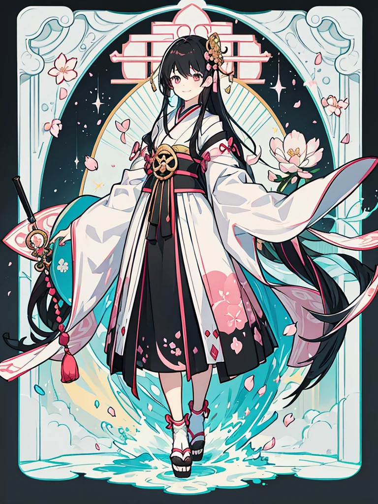 best quality, character design sheet, adult woman、No hat on, Black and pink hair, whole body, Head to Toe, Fortuneteller、Standing facing forward, Beautiful black dress, long Black Hair, Pure white background, from front, best quality, Cherry blossom pattern、Japanese、Adult Japanese、Clear eyes、Standing facing forward、The face is facing forward、holding a magic card in hand、White background、Smiling face、Black western dress、Neutral face、Black hair with pink inner color