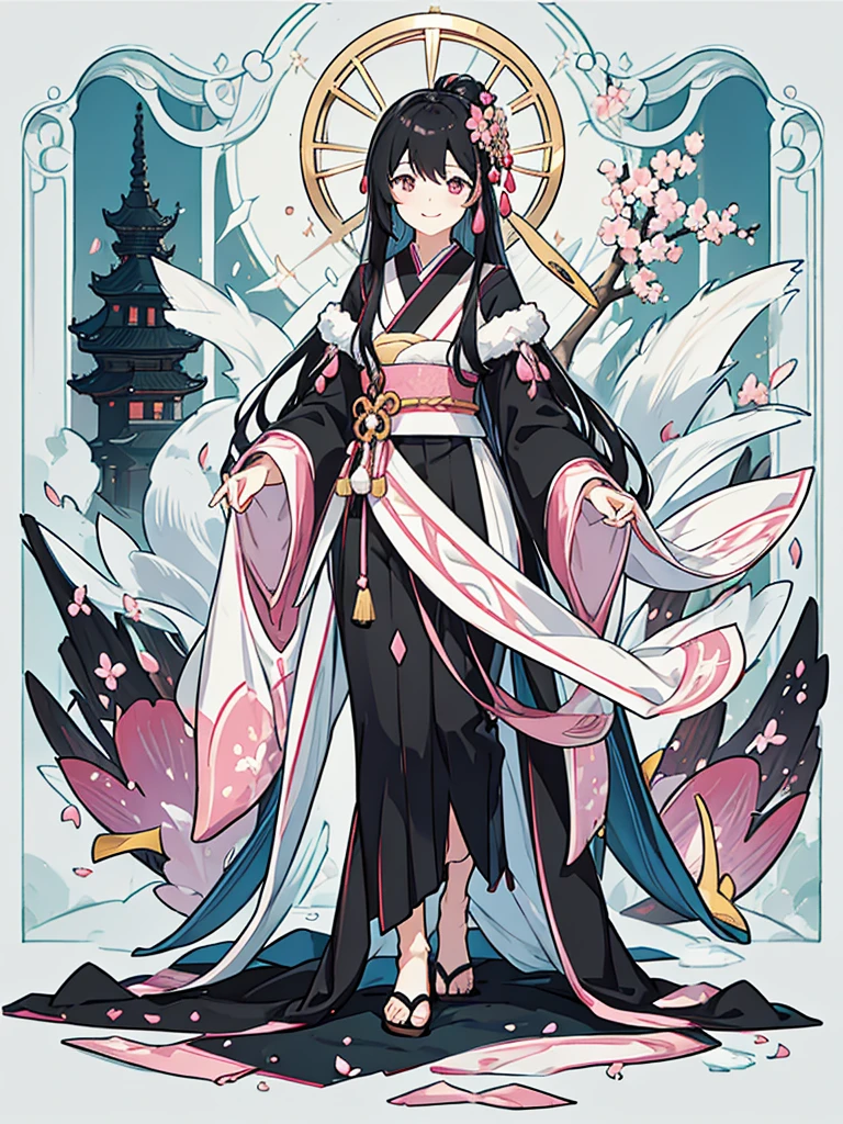 best quality, character design sheet, adult woman、No hat on, Black and pink hair, whole body, Head to Toe, Fortuneteller、Standing facing forward, Beautiful black dress, long Black Hair, Pure white background, from front, best quality, Cherry blossom pattern、Japanese、Adult Japanese、Clear eyes、Standing facing forward、The face is facing forward、holding a magic card in hand、White background、Smiling face、Black western dress、Neutral face、Black hair with pink inner color