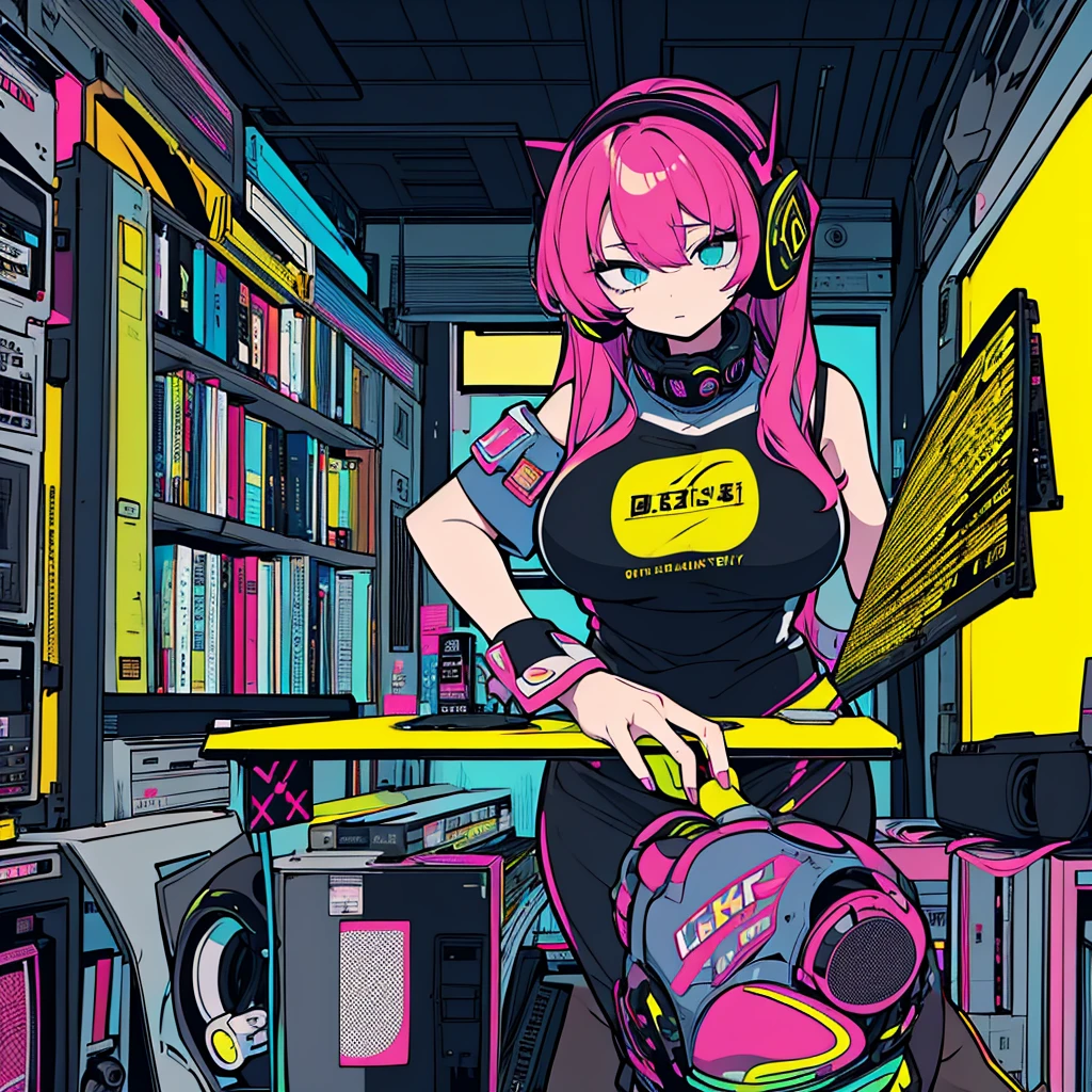 Best quality, (masterpiece), best detail face,1 girl, big breasts, 18 yo, 8k,absurdres,unity 8k wall paper,(extremely detailed:1.3), highest realistic, (retro headphones:), (soft neon light:), (psychedelic), Her room full of music equipment and records, sports wear , See the whole room, She is at the end of the room, dark yellow color palette