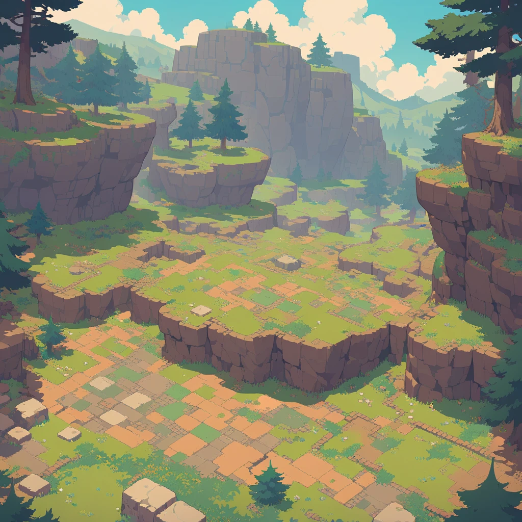 retro video game style,pixelated, vibrant pastel colors,8-bit characters,blocky shapes,sharp lines,detailed shading,classic gaming vibe,nostalgic atmosphere,classic arcade games,masterpiece:1.2,ultra-detailed,illustration style, 2d texture, stone texture, 4 k seamless mud texture, video game texture, dirt texture, tileset, game tiles, grass, 3/4th perspective trees, 3/4th perspective tileable rock texture, 3/4th perspective tileable cliff formations, tileable trees, topdown view, game texture, game art, tileable texture, very detailed cliff texture, intricate stones, top down view, 3/4th perspective
