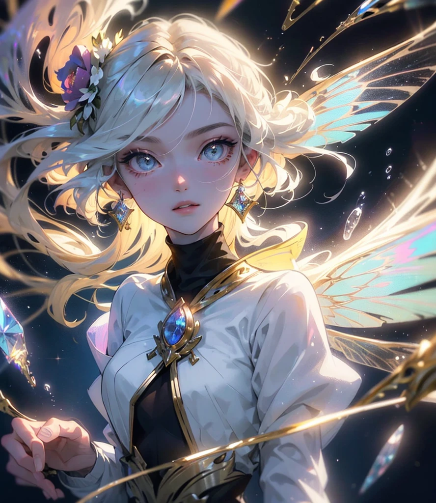 (((Masterpiece))), (((Best quality))), ((Ultra-detailed)),(Highly detailed CG illustration), ((An extremely delicate and beautiful)),Cinematic light, Create stunning fantasy artwork,fairy fantasy,the Flower Fairy,Transparent butterfly wings,Fairy stick,Lots of flowers,A skirt blown by the wind,Fluttering strands of hair,Side Body,ventania:1.3,dyna,brightly colored,Exudes an aura of mystery and magic. Pay close attention to intricate facial features, For example, mesmerizing eyes,ssmile,brightly, The character's clothes should be designed to be as light as the wings of a cicada, Subtle iridescent details. Blend in with fantastic colors, Dynamic lighting, and detailed background elements,Consider the latest trends in fantasy art, such as incorporating unique lighting effects, Explore dynamic and engaging composition techniques, And try a unique color palette. Ethereal aura. Take inspiration from top artists on ArtStation and Midjourney. camera: Choose an angle that highlights the beauty of your character,Enhance the magical majesty of the artwork. lighting: Use atmospheric lighting technology to create depth and atmosphere. Resolution: Aim for high-resolution artwork,to showcase intricate detail and clarity. Artistic inspiration: Get inspiration from popular artists on ArtStation, Explore different styles