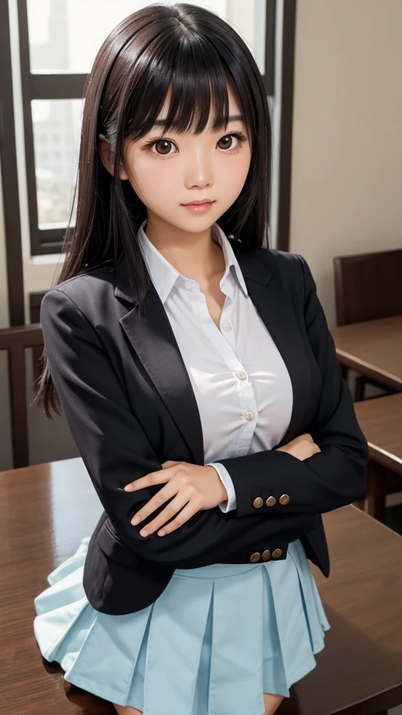 ((Tabletop)), (Detailed face), (highlight), Asian Girl、Black Hair、Heavy bangs、high school girl、skirt、blazer、Support your chest with your arms、Gazing Eyes、