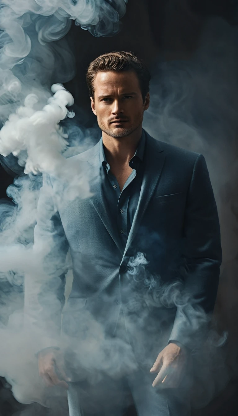 ethereal photo of the face of a full body, handsome man looking to the right, emerging from swirling strokes of smoke and vapors, style of Peter Lindbergh, intricate artwork masterpiece, ominous, golden ratio, intricate, epic, trending on artstation, highly detailed, vibrant, production cinematic character render, ultra high quality model