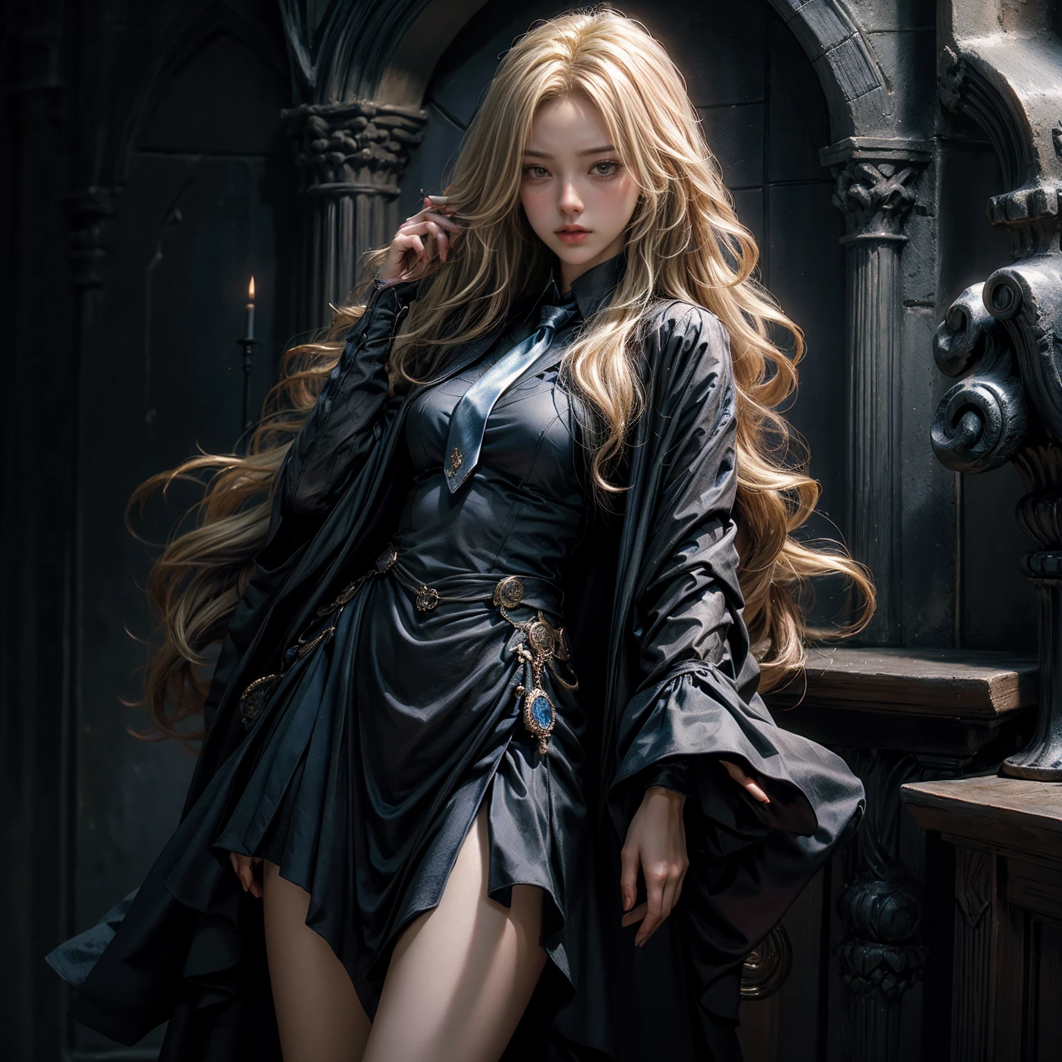 woman,Long, light blonde hair,Black-blue witch ,Wear a blue tie, Highest quality, Highest picture quality, high resolution, realistic, 8K, Highly detailed,In a small dark medieval room