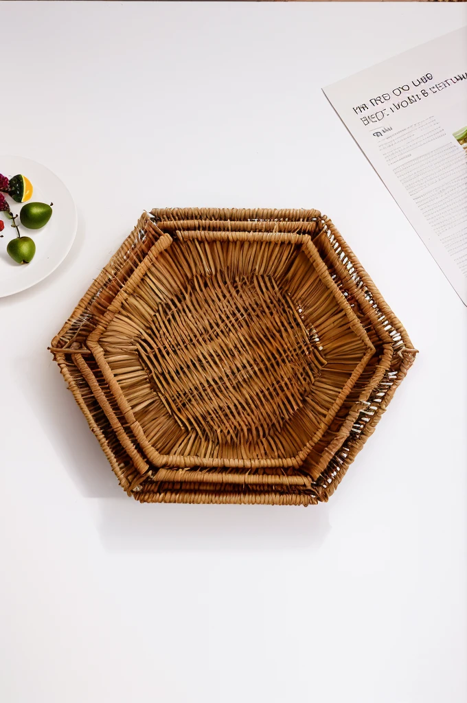 There is a wicker basket on the table，There is a plate of fruit in it, Product introduction photos, Wicker art, straw, Technology, No type, e621, product photo, F2. 0, Hexagon shaped, palm, Hexagon, mystery, f 1 1, F11, Six Sides, f50, Designer, 4L, hand-made