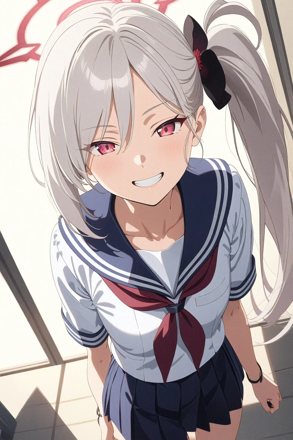 best quality, amazing quality, very aesthetic, absurdres, (1girl, mutsuki, blue archive, solo, red eyes, white hair, side ponytail), (realistic face:0.7),(sailor dress:2), (grin, lowleg bikini), (cowboy shot), (glowing eyes:1.1), (half closed eyes:0.9), expressive eyes, perfect face, 4k, extremely detailed anime illustration, extremely detailed eyes, perfect anatomy, light rays, extremely delicate body, smooth skin, (school background:1.5), clear eyes, beautiful face, small breasts,(anime style:1.5), (Chiaroscuro:1.5),  (highres:2), thigh