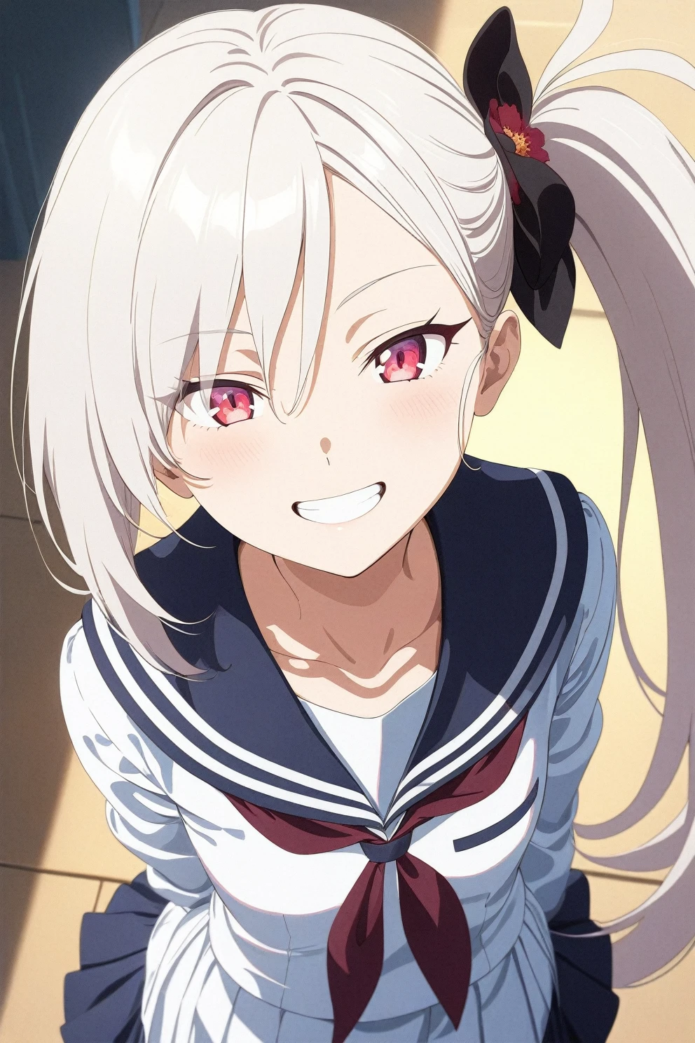 best quality, amazing quality, very aesthetic, absurdres, (1girl, mutsuki, blue archive, solo, red eyes, white hair, side ponytail), (realistic face:0.7),(sailor dress:2), (grin, thigh), (cowboy shot), (glowing eyes:1.1), (half closed eyes:0.9), (from above:0.3), expressive eyes, perfect face, 4k, extremely detailed anime illustration, extremely detailed eyes, perfect anatomy, light rays, extremely delicate body, smooth skin, (school background:1.5), clear eyes, beautiful face, small breasts,(anime style:1.5), (Chiaroscuro:1.5),  (highres:2), cinematic