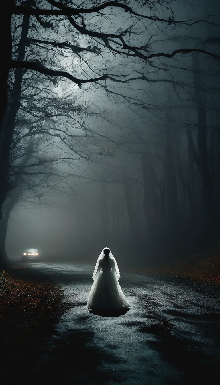 Inside a car stopped on a dark, foggy forest road at night. The driver, a man, looks terrified as he peers out the window at the woman in white approaching the car. Her figure is ghostly, with a flowing white dress and hair obscuring her face. The surroundings are shadowy, with tall, twisted trees and dense fog. Cinematic, high contrast, extremely spooky.