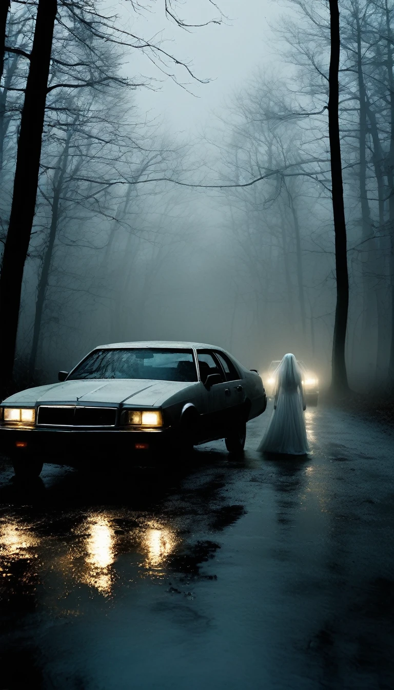 Inside a car stopped on a dark, foggy forest road at night. The driver, a man, looks terrified as he peers out the window at the woman in white approaching the car. Her figure is ghostly, with a flowing white dress and hair obscuring her face. The surroundings are shadowy, with tall, twisted trees and dense fog. Cinematic, high contrast, extremely spooky.