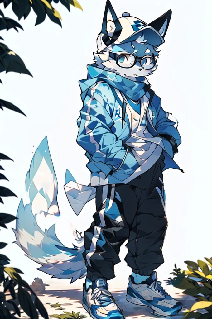 In reality, it is an ordinary blue and white sweatshirt with a pair of breathable blue trousers,Wearing a pair of black-framed glasses,Wear white sneakers,Wearing a white hat from time to time,Some people wear a white scarf when they feel cold.