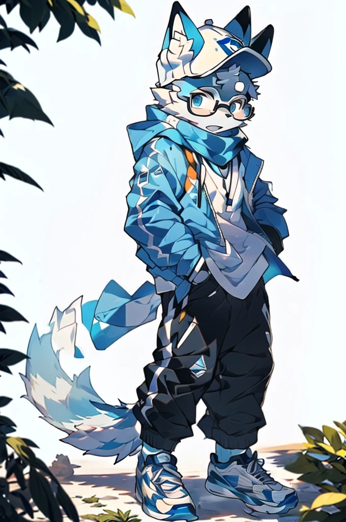 In reality, it is an ordinary blue and white sweatshirt with a pair of breathable blue trousers,Wearing a pair of black-framed glasses,Wear white sneakers,Wearing a white hat from time to time,Some people wear a white scarf when they feel cold.