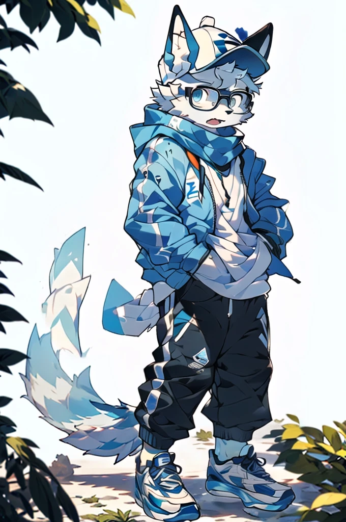 In reality, it is an ordinary blue and white sweatshirt with a pair of breathable blue trousers,Wearing a pair of black-framed glasses,Wear white sneakers,Wearing a white hat from time to time,Some people wear a white scarf when they feel cold.