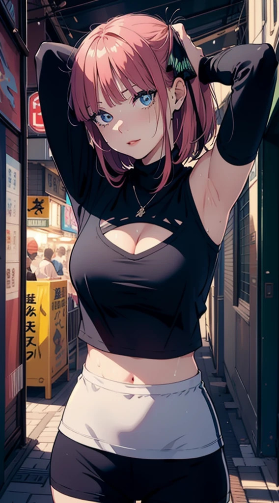 dynamically possessed, ultra detail, large breast,Looking at Viewer, top-quality, master part,face detail, plein-air, top-quality, sorrido, Jewellery, chic, blush, natta:1.5, turtleneck crop top, へそ, six pack, Body goals:1.5, hair ornament, Tokyo City:1.5, 1female，（very detailed CG unit 8k wallpaper），best qualityer，Cinematic lighting，detailed backgrounds，beautiful detailed eyes，bright pupil，red lip（Very thin and beautiful），（Beautiful and detailed eye description），ultra - detailed，master part，）, Cleavage Exposed, black pantyhouse, bare one shoulder, exposed armpit, sweating, a hand behind the head