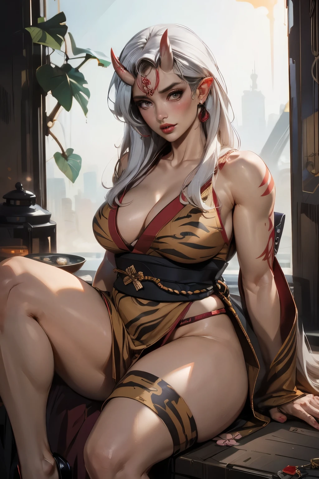 (beautiful) Asian (((Oni female))) warrior, sitting with legs spread, wearing (Tiger print short kimono), with ((thick curvy mature body)) yet ((muscular)), big size body, long and voluminous white hair blown by the wind, (2 long anime_Oni_horns ), reddish fair skin , (perfect detailed face features) expressive eyes with proud look , thick lips 