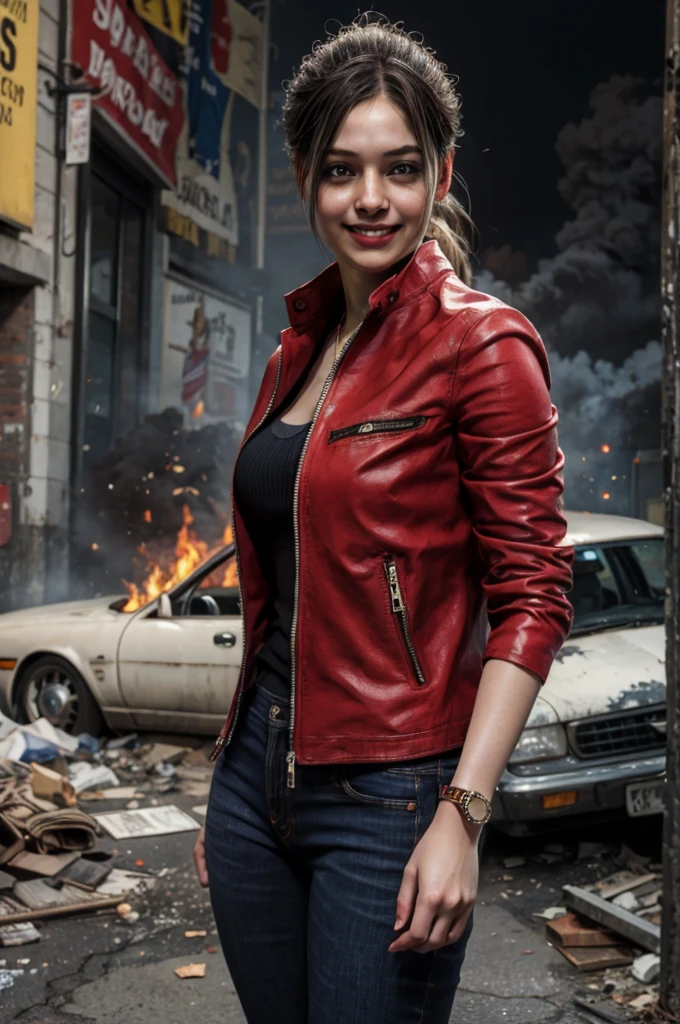 1girl, (realistic),(hyperrealism),(best quality),(masterpiece),(ultra high res),(photorealistic),idol,eye makeup,detailed eyes,detailed face,black dress, claireredfield2, brown hair, (red jacket:1.2), ponytail, (denim pants:1.3),, red wristband,, abandoned street, burning cars in background, littered street, smoke, chaos, zombie apocalypse, daytime, sunny,, hands in pocket, looking at viewer, smiling, closeup shot