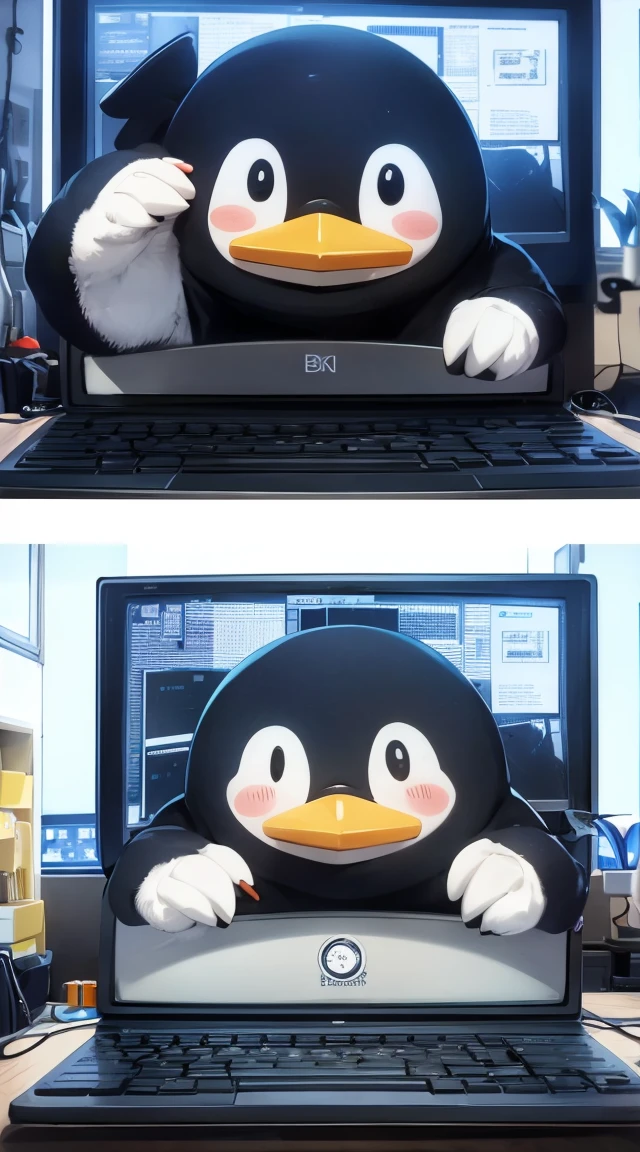 Character: Cute, animated, cuddly penguin with a goofy expression, in trouble in front of an old computer. Background: computer screen showing error messages. The background is littered with bitcoin symbols.