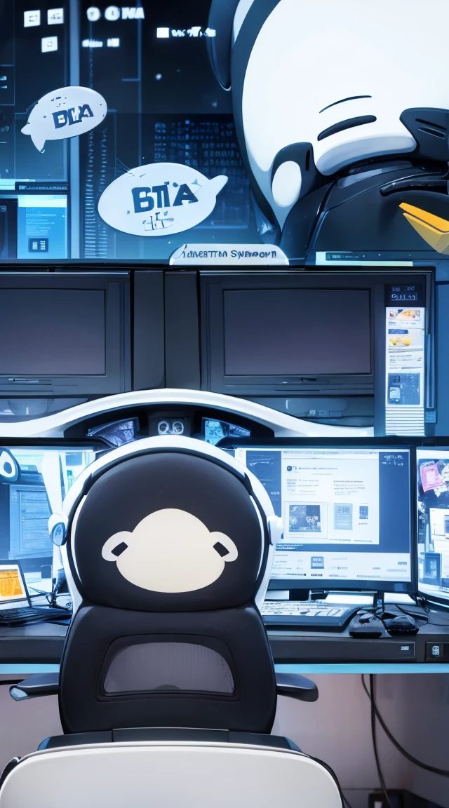 Character: Cute, animated, cuddly penguin with a goofy expression, in trouble in front of an old computer. Background: computer screen showing error messages. The background is littered with bitcoin symbols.
