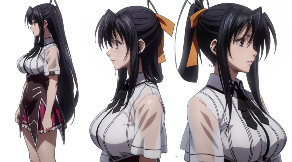 ((Best Quality)), ((Masterpiece)), (((detailed character sheet, frontal view, side view, three quarter view))) white background、whole body、whole bodyイラスト、whole bodyアニメーション、whole bodyリファレンスシート、Long Hair、black hair、smile、Cute face、Big Breasts、Long legs、Beautiful feet、8 heads tall、Detailed face、high school DxD、akeno himejima、